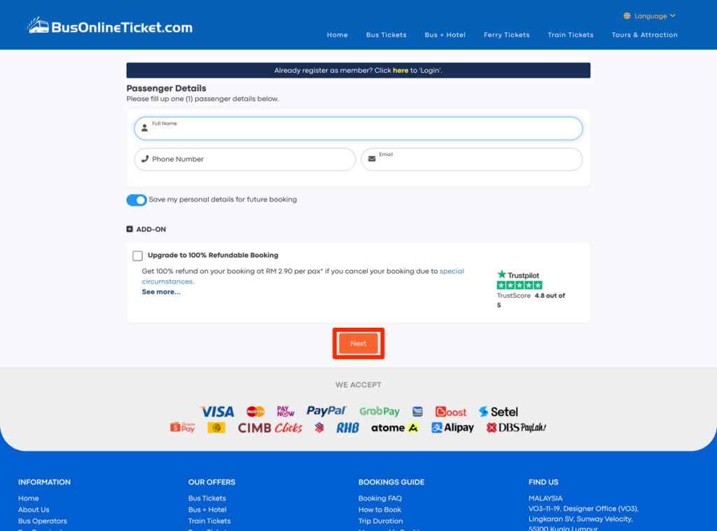 Bus Online Ticket個人情報入力画面