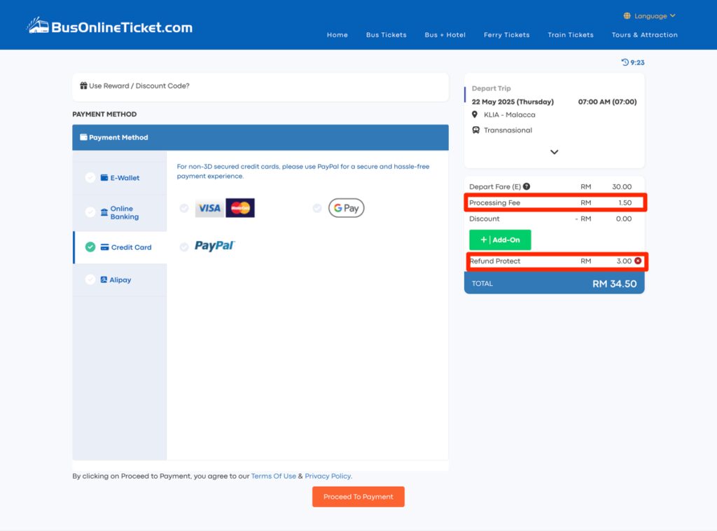 Bus Online Ticket支払画面
